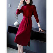 歌芭杉長(cháng)袖針織連衣裙女2025年秋冬季新款女中長(cháng)款優(yōu)雅收腰遮肚針織裙 酒紅色（綁帶款） L 建議105-115斤