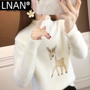 LNAN仿水貂絨卡通刺繡毛衣女秋冬季韓版寬松學(xué)生半高領(lǐng)加厚打底針織衫 白色小鹿_仿貂絨 2XL _120-140