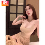 賞峰辣妹緊身吊帶連衣裙女氣質(zhì)收腰褶皺包臀短裙小個(gè)子內搭打底一步裙 杏色(收藏加關(guān)注優(yōu)先發(fā)) S