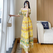 映棠波西米亞一字肩印花洋裝女夏季新款黃色仙女飄逸度假沙灘裙長(cháng)裙 黃色 S 均碼