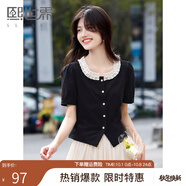 熙世界（sllsky）法式蕾絲花邊拼接圓領(lǐng)T恤短袖優(yōu)雅黑色上衣2025夏季新款 優(yōu)雅黑 S