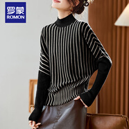 羅蒙（ROMON）高端純羊毛衫女2025秋冬新款蝙蝠袖毛衣洋氣顯瘦遮肚豎條紋打底衫 黑色 L 建議110-120斤
