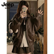 JEEP SPIRIT韓系開(kāi)春小個(gè)子香風(fēng)皮衣短外套女2025早秋季新款情侶裝棒球服夾克 咖色 常規 XL