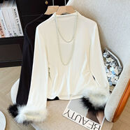 儷韻小屋（LiYunHouSe）時(shí)尚毛毛袖半高領(lǐng)打底衫長(cháng)袖T恤秋冬設計感內搭修身顯瘦洋氣上衣 白色 L 建議100-115斤