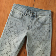 NQYW歐洲站淺藍色復古修身高端九分牛仔褲男鑲鉆釘珠長(cháng)褲時(shí)尚9分褲子 碧綠藍【九分褲】 29 碼【2.2尺】