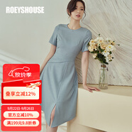 ROEYSHOUSE羅衣氣質(zhì)淺藍(lán)色短袖連衣裙女夏裝新款拼接開叉連衣裙06255 淺藍(lán)色 L