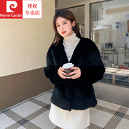 皮爾卡丹（pierre cardin）2025冬新款貂皮大衣女年輕款時(shí)尚V領(lǐng)天鵝絨水貂短款拼貂皮草外套 黑色V領(lǐng) M 建議 80斤-110斤