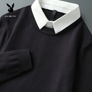 花花公子（PLAYBOY）秋冬男士圓領(lǐng)毛衣保暖純色修身假兩件針織衫休閑針織打底上班通勤 -黑色 白領(lǐng)假兩件 M 110斤以下