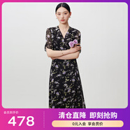 敦奴（DUNNU）dunnu敦奴2024夏季新款茶歇裙法式V領(lǐng)雪紡印花連衣裙女 正黑色 XL