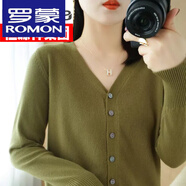 羅蒙（ROMON）高檔100%羊毛絨衫開衫女寬松大碼薄款毛衣外套純色打底羊毛上衣 軍綠 L 110-125斤