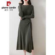 皮爾卡丹羊.毛連衣裙秋冬季女時尚圓領針織羊.毛長裙純色長款抽繩A字裙 橄欖綠【專柜品質(zhì)】 S 建議80-95斤