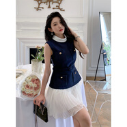 小紅書(shū)爆款新款女裝撞色感假兩件無(wú)袖小立領(lǐng)連衣裙百褶雪紡短裙子 深藍(lán)色 M