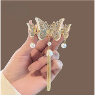 韓萊緹（HANLAITI）飄逸貓眼石蝴蝶發(fā)夾女后腦勺仙氣流蘇吊墜抓夾水鉆小抓夾后腦勺女 蝴蝶流蘇--螃蟹夾  A25-303