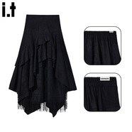 :CHOCOOLATE  it女裝法式不規(guī)則A字半身裙女秋冬麂皮絨蕾絲高腰顯瘦裙子女 黑色 M