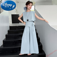 迪士尼（Disney）女童韓系套裝2025新款夏季兒童背心薄款闊腿褲女孩寬松上衣休閑褲 藍(lán)色 160 cm