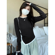 映棠不規則T恤女長(cháng)袖褶皺假兩件2023秋冬新款顯瘦磨毛加厚打底 黑色 M (建議：90-110斤)