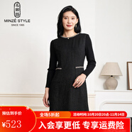 名師路小香風連衣裙女秋冬季新款通勤優(yōu)雅圓領(lǐng)針織長袖亮絲羊毛呢裙子 黑色88 M