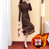 Radinka2024秋冬新款中長(cháng)款針織蕾絲連衣裙網(wǎng)紗半高領(lǐng)顯瘦打底長(cháng)裙LTM 蕾絲拼接咖啡色加絨 XL 建議120-130斤