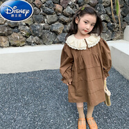 迪士尼兒童蕾絲翻領(lǐng)連衣裙2025新款女寶長(cháng)袖公主裙褶皺女童韓版娃娃裙子 咖色 連衣裙 90 cm 90身高