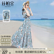 絲柏舍沙灘風(fēng)連衣裙2024夏裝V領(lǐng)優(yōu)雅花色顯瘦大擺裙