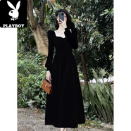 花花公子（PLAYBOY）復古赫本風(fēng)絲絨紅色連衣裙女早春2025新款法式長(cháng)裙新娘訂婚敬酒服 1133黑色絲絨連衣裙 L