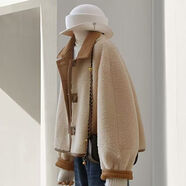 俞兆林（YUZHAOLIN）皮毛一體雙面毛絨羊羔外套小個子秋冬時(shí)尚氣質(zhì)寬松加厚短款上衣 咖啡色+雙面可穿 保暖 M 【建議101-115斤】