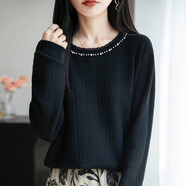 AOLAISEVENPAI 奧萊柒牌鑲鉆釘珠毛衣女2025新款蕾絲領(lǐng)輕奢上衣 黑色 M