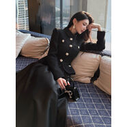 秋冬感法式毛呢拼接黑色長(cháng)袖修身連衣裙巨好看大擺長(cháng)裙 黑色 S S