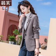 晨芙千鳥格小西裝外套女春秋時尚氣質(zhì)休閑小個子短款復(fù)古格子西服上衣 紅棕格外套【常規(guī)款】 XL 建議110-120斤