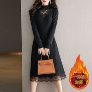 韓版時(shí)尚冬季一體絨加絨加厚毛衣裙子氣質(zhì)過(guò)膝打底遮肉顯瘦連衣裙 黑色 M  85-100