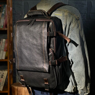 GPHF日本復古牛皮雙肩包男女新潮流旅行包真皮電腦包大容量戶(hù)外登山包 黑色 可放15-18寸電腦