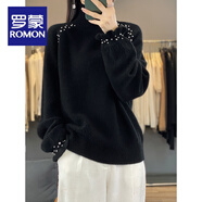 羅蒙（ROMON）秋冬針織衫女新款寬松半高領(lǐng)帶鉆公主袖針織毛衣顯瘦打底衫厚 黑色 均碼 建議80-145斤