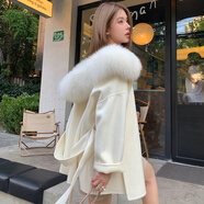 溥畔mini狐貍毛斗篷毛呢外套2024新款冬雙面羊絨大衣女連帽高級(jí)感 奶米色100%羊毛 S 均碼