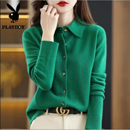 花花公子（PLAYBOY）秋冬新款氣質(zhì)女開衫襯衣領(lǐng)POLO領(lǐng)長(zhǎng)袖毛衣大碼羊毛打底針織衫 祖母綠 XL