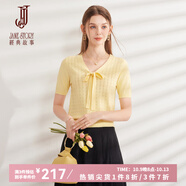 經(jīng)典故事（JANE STORY）經(jīng)典故事蝴蝶結(jié)系帶針織衫女2024夏季新款肌理感格紋上衣短袖小衫 黃色 XL