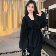 麗喬（liqiao）慵懶風(fēng)毛衣套裝秋冬小個(gè)子高級感氣質(zhì)女神范針織闊腿褲兩件套 黑色套裝 M  80到100斤