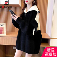 AEMAPE設(shè)計感中長款翻領(lǐng)套頭毛衣女2025秋冬新款拼色寬松慵懶感時尚上衣 黑色 L