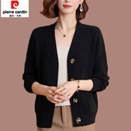 皮爾卡丹（pierre cardin）恒彩源羊毛針織開衫女春秋2025新款短款寬松純色百搭外穿毛衣外套 黑色 XL 【建議120-130斤】
