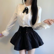 宰摟午睡氣球熊顯高掐腰套裝復古宮廷風(fēng)襯衫黑色高腰雙層蓬蓬裙 宮廷風(fēng)襯衫+系帶裙褲+領(lǐng)結 S S