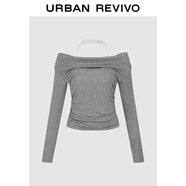 UR2026春季新款女裝休閑格雷系掛脖褶皺長(cháng)袖T恤UWJ450173 冷灰 L