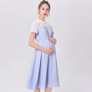 和成美【】孕婦裝夏季短袖職業(yè)連衣裙女中長款面試工裝大碼寬松裙子 1956白繡花_拼藍雪紡_連衣裙 M