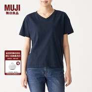 無印良品 MUJI 女式 粗細(xì)不均棉線天竺編織 V領(lǐng)短袖T恤 海軍藍(lán) M