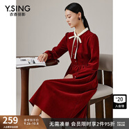 衣香麗影灰色燈芯絨蝴蝶結連衣裙女2025年秋裝新款韓系氛圍感裙子 棗紅 M