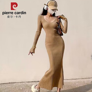 皮爾卡丹秋冬歐美針織連衣裙女甜辣妹修身緊身打底魚(yú)尾毛衣包臀超長(zhǎng)裙子 卡其色 均碼 85-130斤