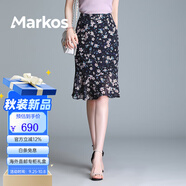 Markos黃色碎花半身裙女夏雪紡短裙魚(yú)尾一步裙夏季薄款包臀裙子粉色半裙 粉碎花 M 腰圍2尺