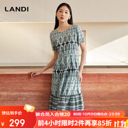 藍(lán)地（LANDI）波西米亞風(fēng)印花復(fù)古連衣裙女短袖收腰中長裙夏新品 葉綠色 L