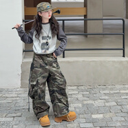 細(xì)仔碼頭兒童裝女童迷彩工裝褲春秋新款大童女孩休閑闊腿褲美式爵士街舞潮 迷彩工裝褲 120