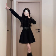 小紅書(shū)爆款松本喪喪假兩件赫本連衣裙女秋冬新款長(cháng)袖高領(lǐng)拼接顯瘦 黑色連衣裙【有腰帶】 S  70-90斤