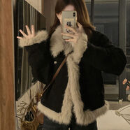 AEMAPE小香風(fēng)羊羔毛絨鹿皮絨外套女秋冬加厚感小個(gè)子毛毛夾保暖棉衣棉服 黑色 厚款 L 110-125斤