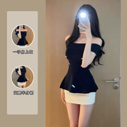 露肩收腰一字肩上衣包臀半身裙兩件套夏裝感巨好看小個(gè)子套裝 藍色針織上衣+半身裙_-兩件套 S (建議75-95斤)